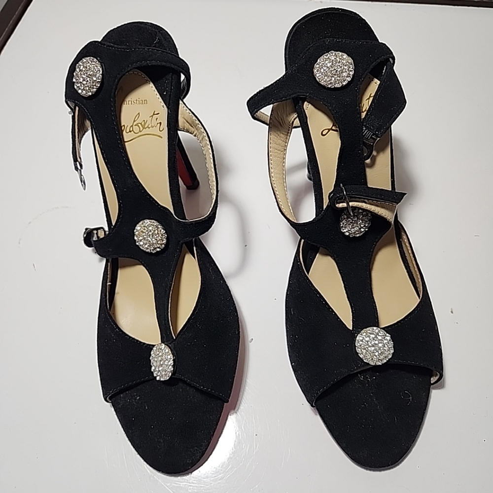 Christian Louboutin Black Suede Crystal Ball Open Toe Strap Sandals Heels Shoes